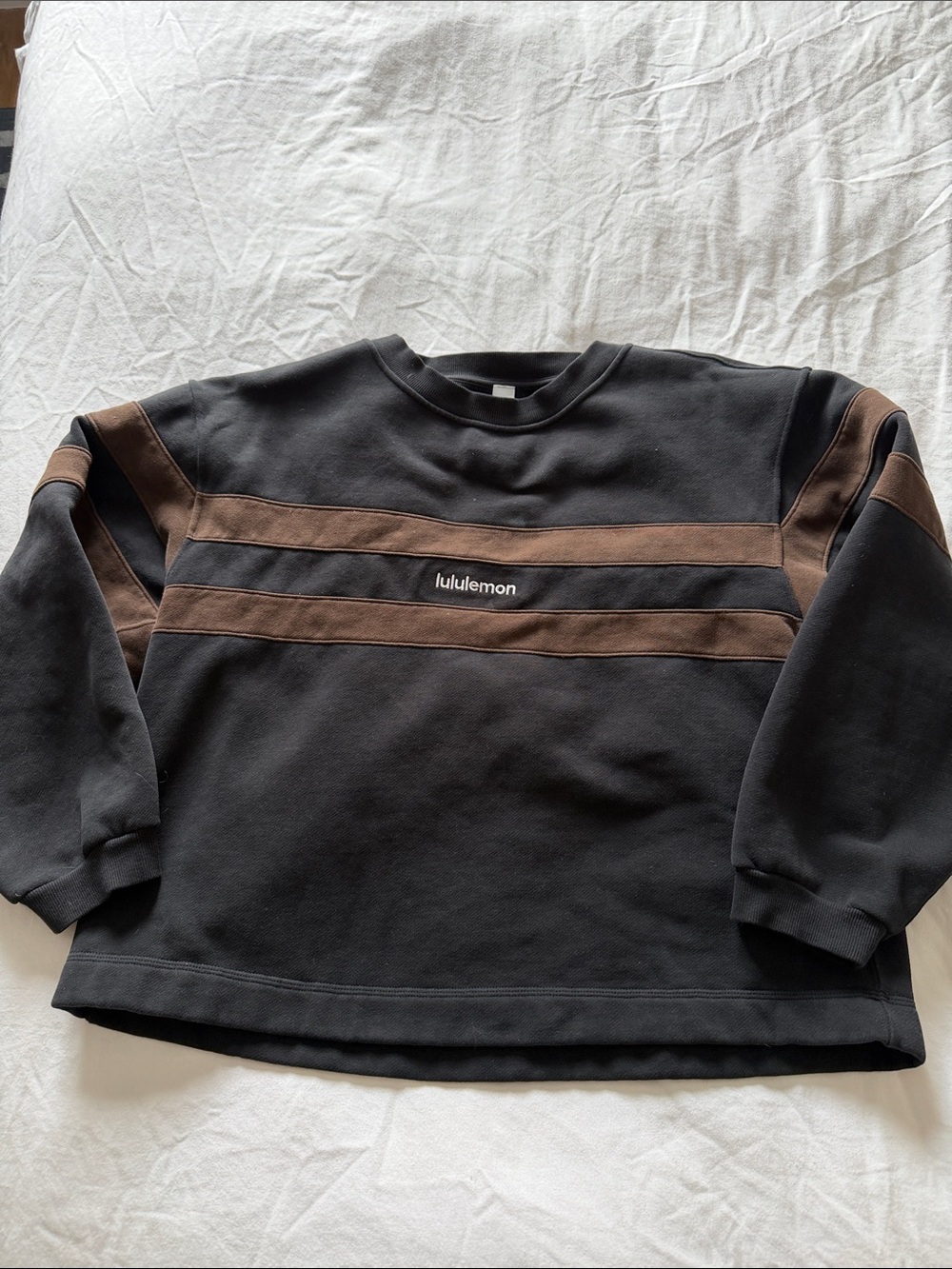 lululemon athletica Black Crewneck Sweater with Brown Stripes